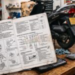 Geopende werkplaatshandleiding voor een Kymco Skytown op een werkbank met gereedschap en de achterzijde van een scooter