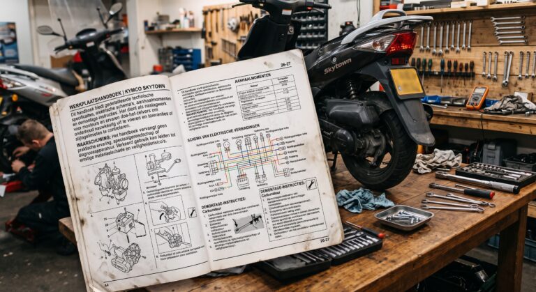 Geopende werkplaatshandleiding voor een Kymco Skytown op een werkbank met gereedschap en de achterzijde van een scooter