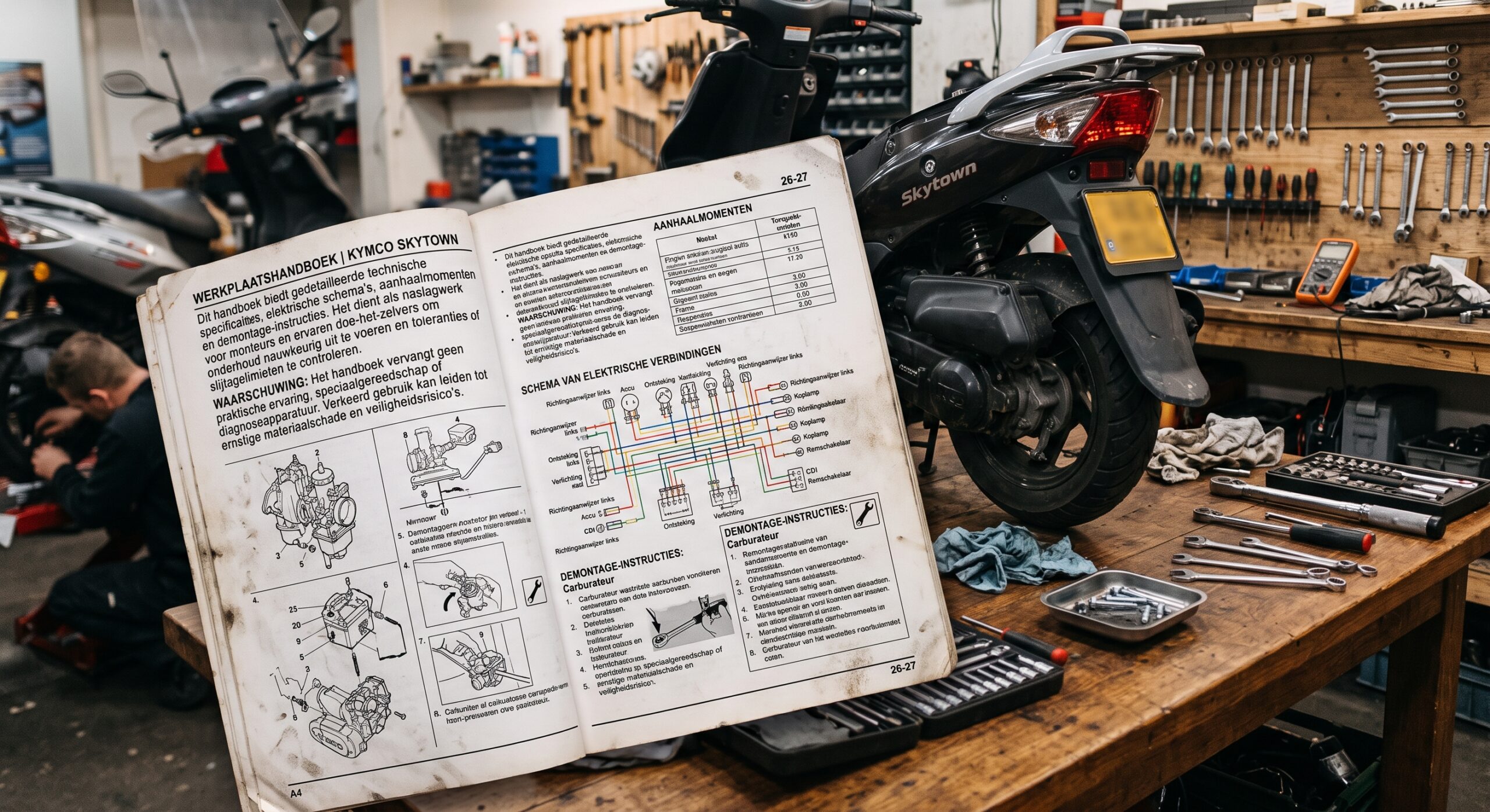Geopende werkplaatshandleiding voor een Kymco Skytown op een werkbank met gereedschap en de achterzijde van een scooter